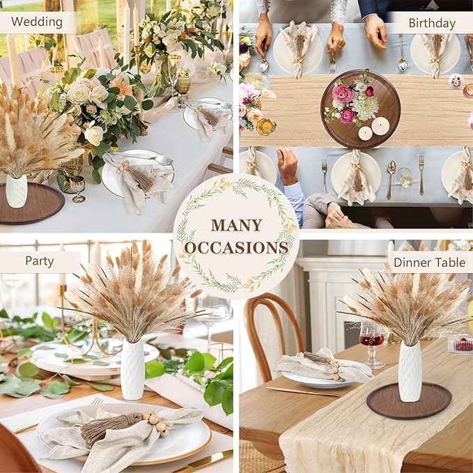 Table Centerpiece Set with Beige Cheesecloth Table Runner, 1 Round Wooden Candle Plate, 70 PCS Dried Pampas Grass Decor with White Vase, 6 Linen Napkins and Wooden Napkin Rings for Wedding Home Decor