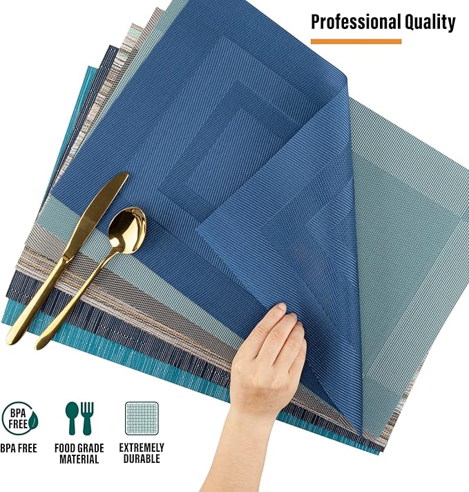 Winknowl Placemats Set of 4, Heat Resistant Non-Slip Vinyl Woven Table Mats for Dining Table, Washable Durable Elegant Place Mats for Kitchen Indoor/Outdoor Use (Teal Green)