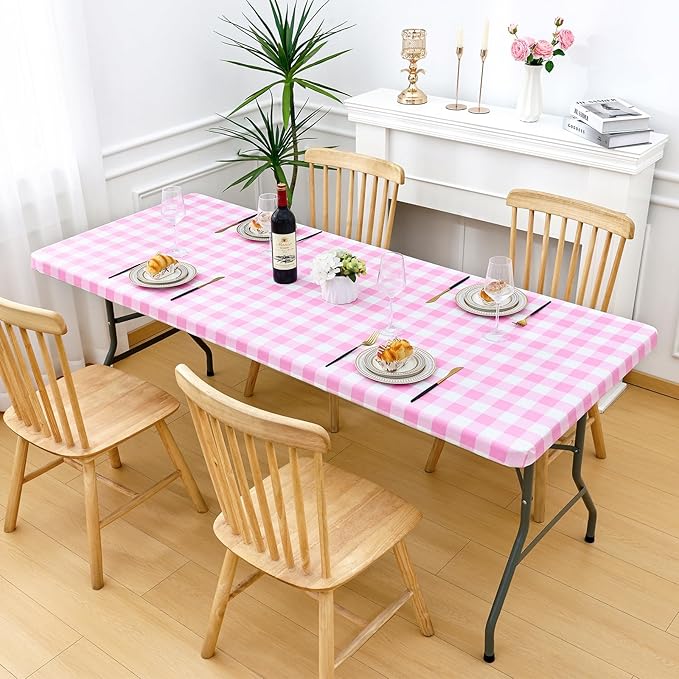 Smiry Rectangle Picnic Table Cloth, Elastic Waterproof Fitted Vinyl Tablecloths, Flannel Backed Buffalo Plaid Table Covers for Dining, Camping, Valentines(White and Pink, 30" x 96")
