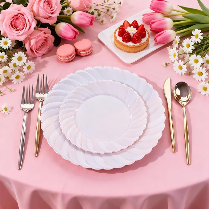 U-QE 60 Pcs White Plastic Plates for Party – Scalloped Plastic Plates Heavy Duty & Elegant – Include 30 10" Dinner & 30 7" Dessert Plate - Perfect for Party & Wedding