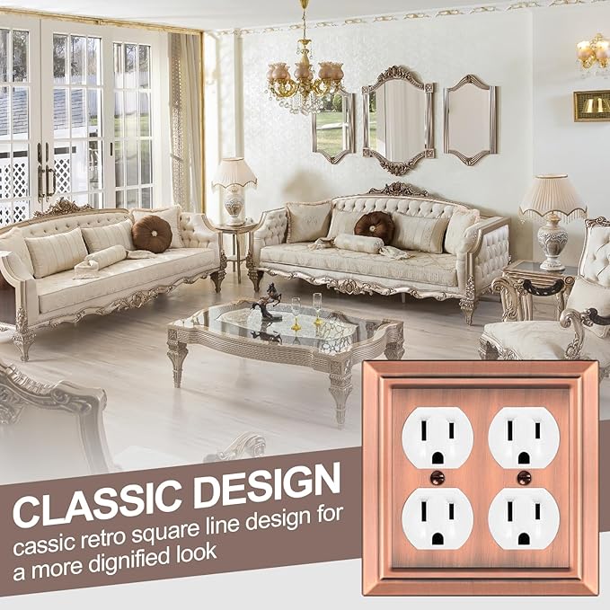 Metal Wall Plate for Electrical Outlets, Decorative Antique Copper Switch Plates Outlet Cover, Light Switch Cover Plate, 2-Gang Wall Plates (Double Duplex Outlet, 2 Pack)
