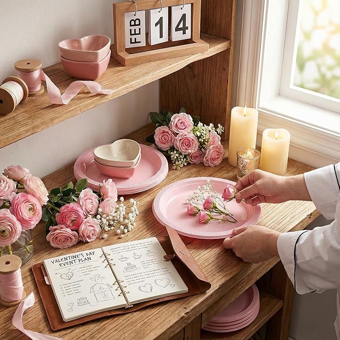 WELLIFE Pink Party Plates 7 Inch -150 Count, Disposable Plastic Light Pink Dessert Plates for Valentine's Day Party Cake Easter Mother's Day Baby Shower Appetizer