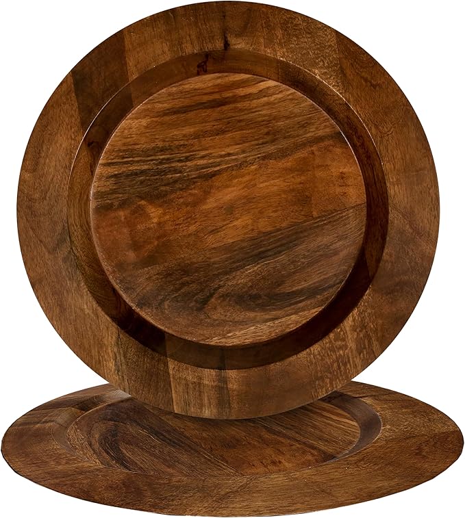 Alpha Living Home Mango Wooden Plates Set of 2-13” Round Rustic Farmhouse Chargers for Dinner & Charger Plates, Handcrafted Tableware for Charcuterie, BBQ, Farmhouse Dining, or Gift (Walnut)