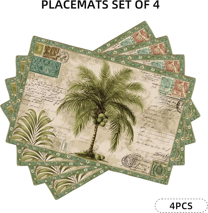 Tropical Tree Placemats Set of 4 Washable Table Place Mats for Dining Kitchen Party Decor