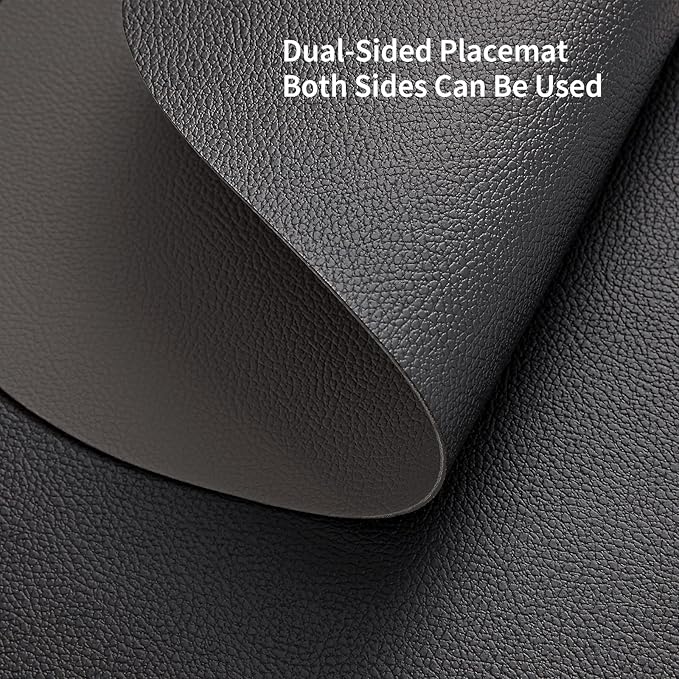 Myir JUN Round Placemats Set of 4 Faux Leather Place Mats and Coasters 15 inch Round Table Mats Dual Sided Non-Slip Stain Resistant Placemats (Gray & Black, Set of 4)