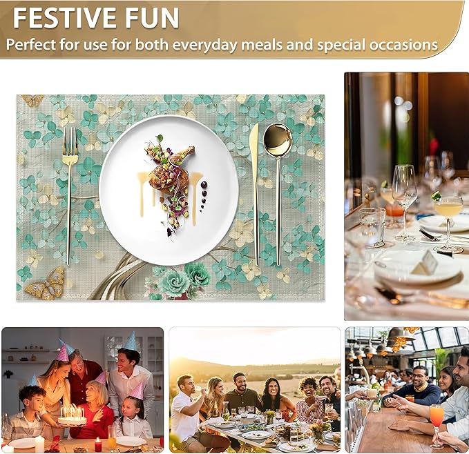 Golden Butterfly and Green Flowers Place Mats Set of 6, Table Mats,Heat Insulation Non Slip Washable Dining Placemats for Wedding Holiday Party Kitchen Decor 12X18 in