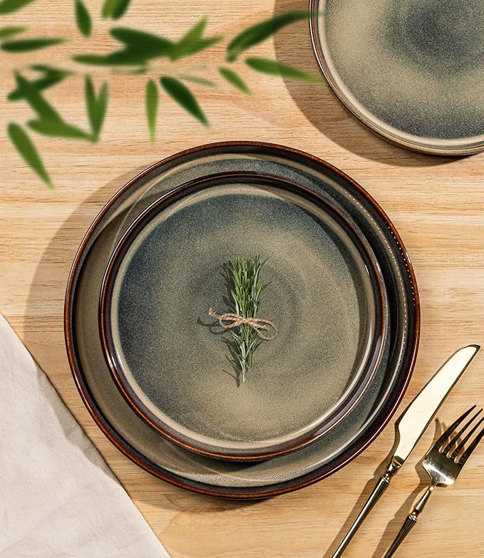 TheTerra Ceramic Dinnerware Sets with Pasta Bowls for 4, 16 Pieces Porcelain Lightweight Plates and Bowls Sets, Scratch Resistant Dish Set, Oven & Microwave & Dishwasher Safe, Coca Mocha