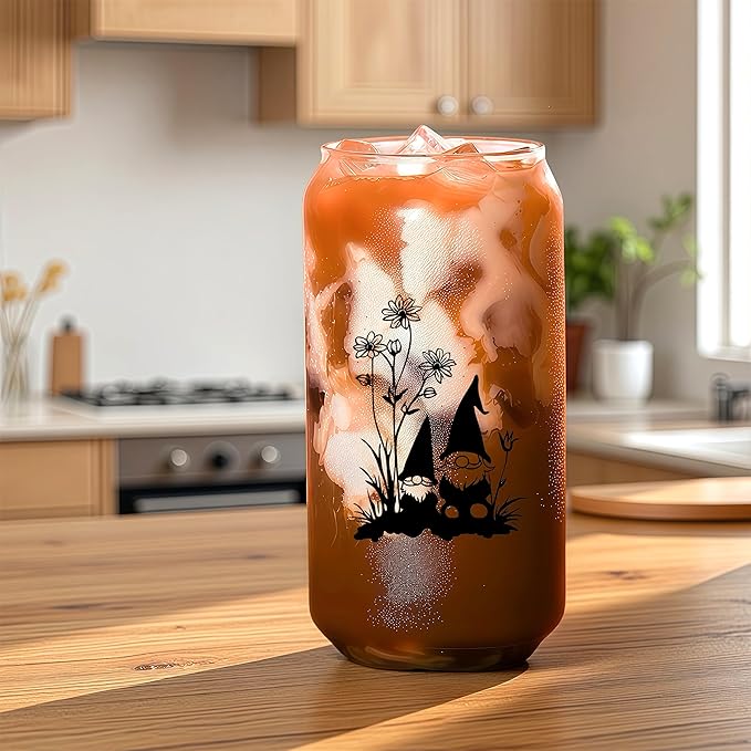Cute Gnomes Glass Cup With Lids And Straws, Gnomes Gift For Women, Iced, Coffee, Smoothie, Cocktail, Beer, Whiskey, Soda, Matcha,16 Oz, Home Office Table Desk Decoration!