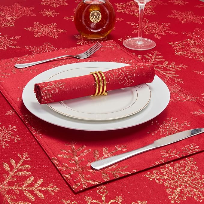 Cloth Place Mats Set of 8–Reusable Rectangular Waterproof Fabric Polyester Washable Wipeable Heat Resistant Jacquard Sparkling Metallic Snowflake for Kitchen Table(Red Gold/13x19 Inch)