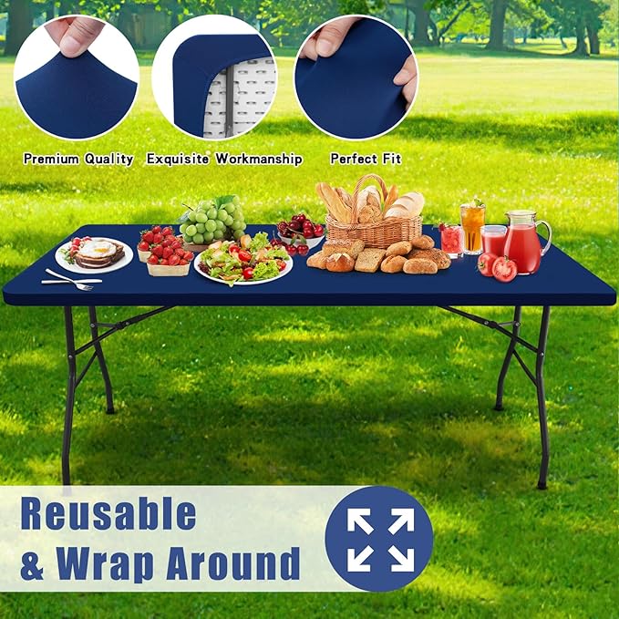 Spandex 8 Foot Rectangle Table Cloth 2 Pack, Elastic Fitted Tablecloths for Picnic, Stretch Washable Patio Table Cover for Outdoor, Camping, Banquet and Parties (Navy, 36"x96")