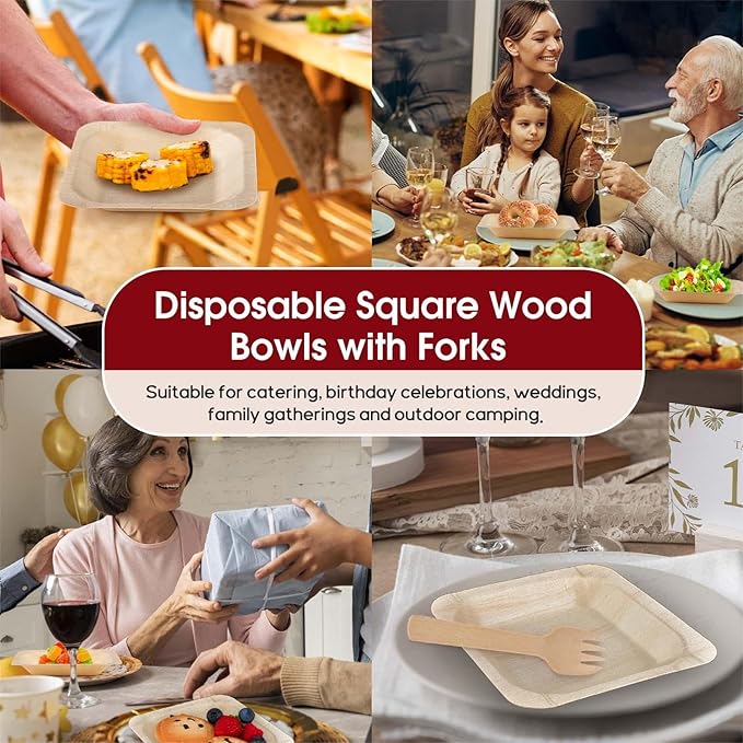 300 Pcs Disposable Palm Leaf Bowls, Square Bamboo Appetizer Plates, Compostable Wood Plates with Bamboo Forks for Birthday Wedding Party, Dessert, Catering and Home Use (4.4 x 4.4x0.5 Inch)