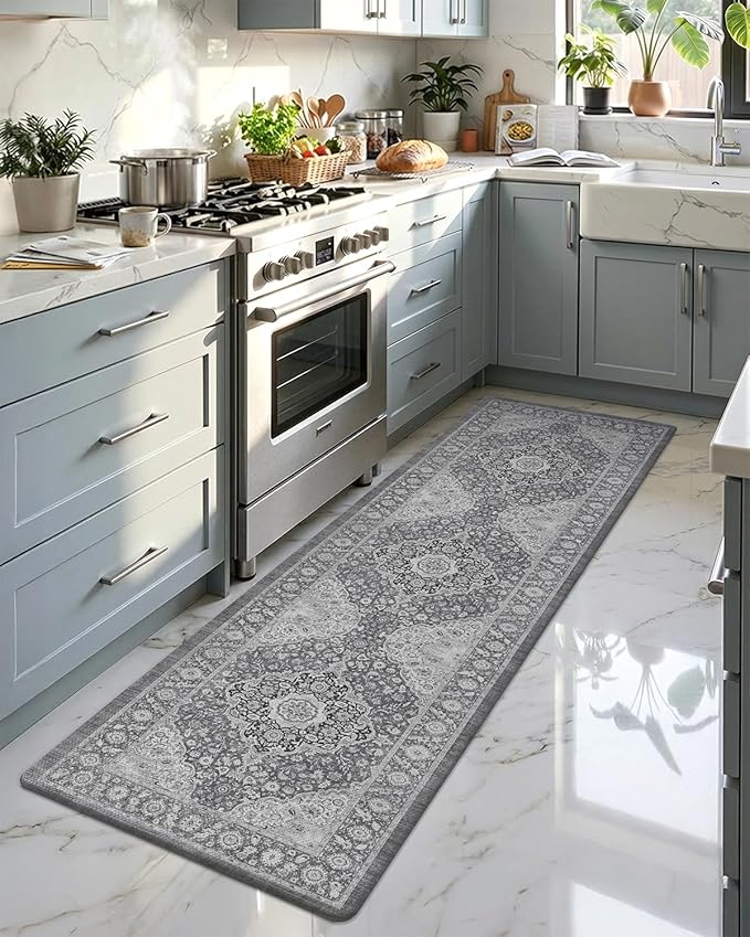Color&Geometry Anti Fatigue Kitchen Mats for Floor 24x87, Vintage Decor, Easy Clean, Waterproof & Oil Proof, 0.4" Thick Cushioned, Non-Slip Kitchen Runner Rug for Sink, Laundry, Office, Grey