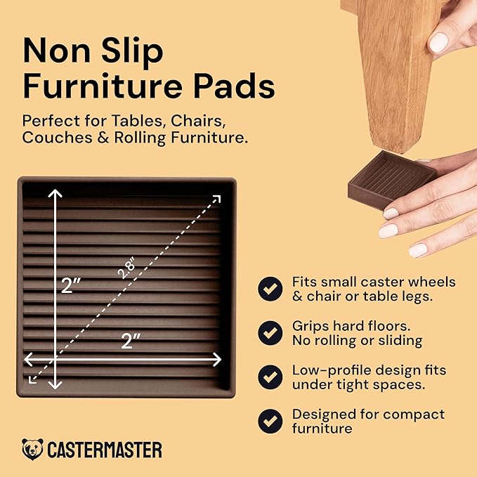 CasterMaster Non Slip Furniture Pads - 2 in x 2 in Brown 4 Pack - Chair Leg Floor Protectors & Furniture Sliders for Hardwood, Vinyl & Tile Floors - Bed Stoppers
