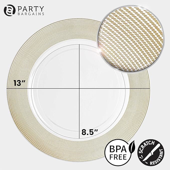 PARTY BARGAINS 13-Inch Charger Plates - 8 Pack, Clear Gold Rope Textured Rim, Heavy-Duty Disposable Chargers for Elegant Dining - Ideal for Weddings and Formal Events