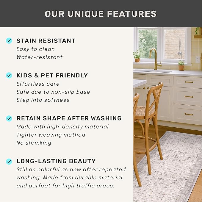 Boho Light Grey 5x7 Living Room Rug - Modern Vintage Eclectic Floral Pastel Neutral Taupe, Washable Low Pile Non-Slip Large Area Rugs for Nursery Dining Under Table Bedroom Lounge