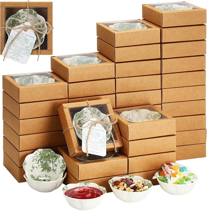 40 Pack Wedding Favors for Guests Small Ceramic Bowls Bulk Gifts Set 3.3 Inch Sage Green Verdure Design Mini Dipping Bowl Sauce Dish with Cards Box for Party Shower Favor Souvenir
