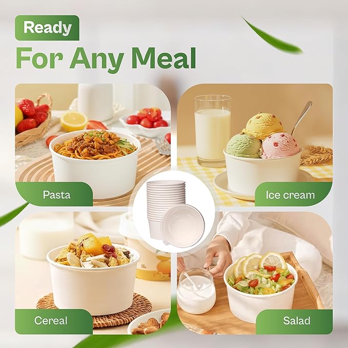 50-Pack 17 oz Paper Bowls With Lids – Disposable Salad & Rice Bowls To-Go, Leak-Proof, Microwavable & Freezer-Safe, Thick Dual-Wall Paper, SGS Tested to U.S. FDA 21 CFR PASS