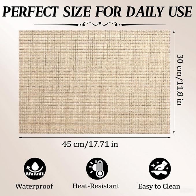 Timeet Placemats Set of 8, Heat Resistant Non-Slip Place Mats for Dining Table, Durable Washable PVC Vinyl Woven Table Mats, Linen Textured Placemats for Kitchen Resistant Easy to Clean(Beige