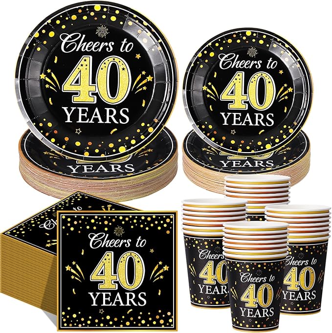 Pickmesh 250 Pcs 40th Birthday Disposable Tableware Set Black and Gold Cheers to 40 Years Disposable Paper Plates Napkins and Cups for 40th Birthday Wedding Anniversary Party Supplies Decorations