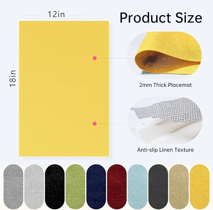 Blue Forest Placemats Set of 8, Dual-Layered Thickened Faux Linen Table Mats Heat Resistant Machine Washable Wrinkle Free Place Mats for Kitchen Dining Outdoor/Indoor (Bright Yellow)