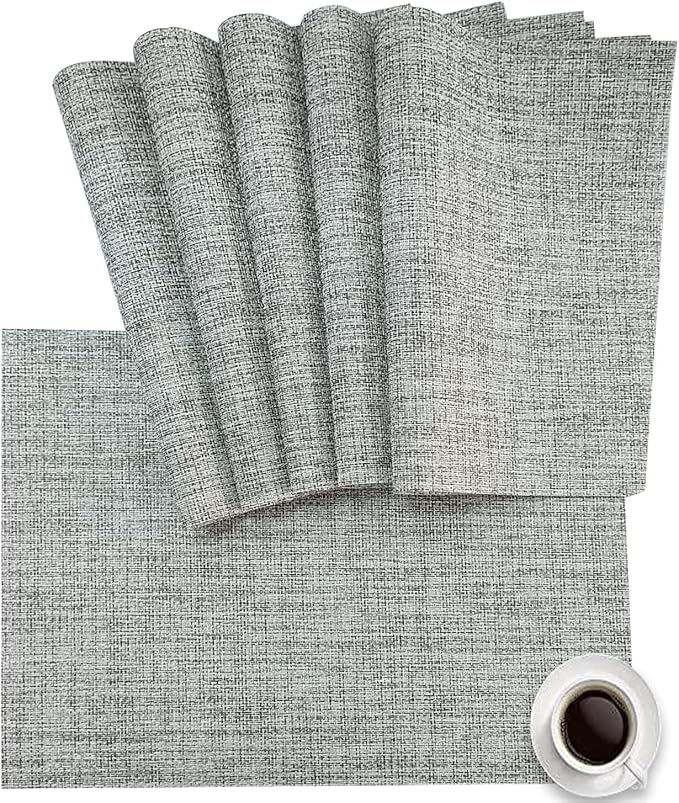 DACHUI Placemats Set of 8, Linen Look Woven Place Mats, Water Resistant, Heat Resistant, Washable, Durable Table Mats (Light Grey)