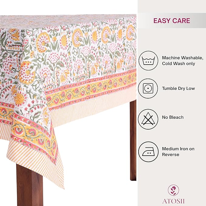 ATOSII Clover Yellow 100% Cotton Rectangle Fall Tablecloth, Handblock Floral Print Linen Table Cloth for Kitchen Dining I Parties, Weddings, Outdoors, Christmas, Thanksgiving Decor 60 X 90 Inches
