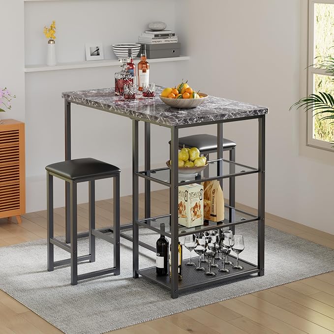 VECELO Small Bar Table and Chairs Set for 2, Upholstered Stools & Glass Storage Shelves, for Kitchen Dining Breakfast Nook, Space-Saving, Faux Marbled & Black
