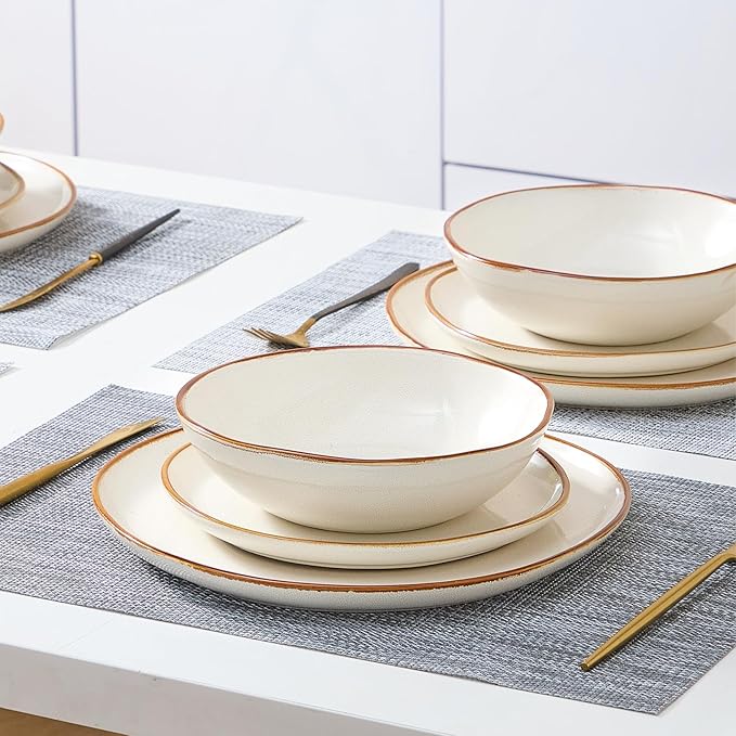 Bestone 12 Pieces Round Kitchen Dinnerware Sets，Plates and Bowls Sets,Dishes, Plates, Bowls, Dish Set, Chip Resistant Ceramic Dinnerware Set, Dishwasher/Microwave Safe,Service for 4,Pearl White