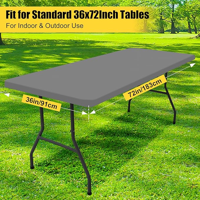 Smiry Rectangle Picnic Table Cloth, Waterproof Elastic Fitted Tablecloths for 6 Foot Tables, Washable Polyester Table Cover for Camping, Indoor and Outdoor (Grey, 36"x72")