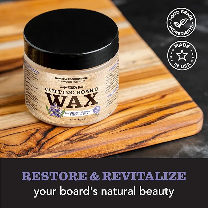 CLARK'S Cutting Board Care Kit - Includes Mineral Oil - Finishing Wax (6oz) - Applicator - Scrub Brush - Buffing Pad - Infused with Lavender and Rosemary Extract - Features Clark's Cutting Board Wax