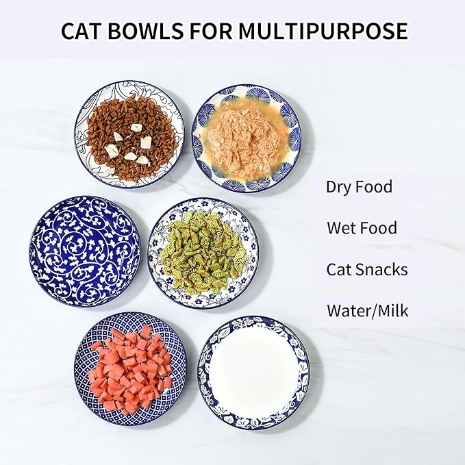 Selamica Ceramic Cat Bowls, 6 Inch Wide Shallow Cat Food Bowl for Relief Whisker Fatigue, Set of 6, Vintage Blue
