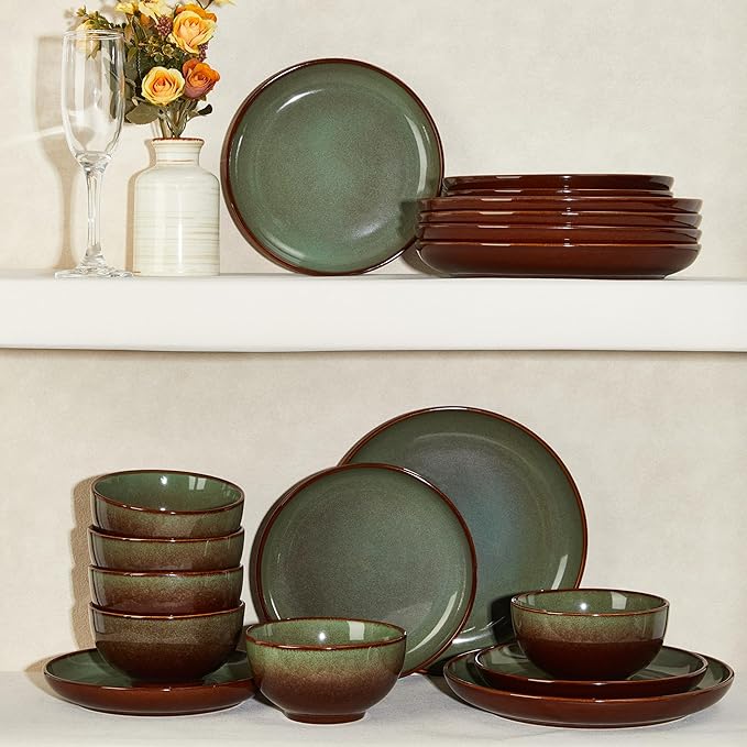 Stoneware Dinnerware Sets Service for 12, 36 pcs Reactive Glaze Plates and Bowls Sets, Handmade Ceramic Dish Set, Highly Chip and Crack Resistant Modern Plate Set, Brown Green