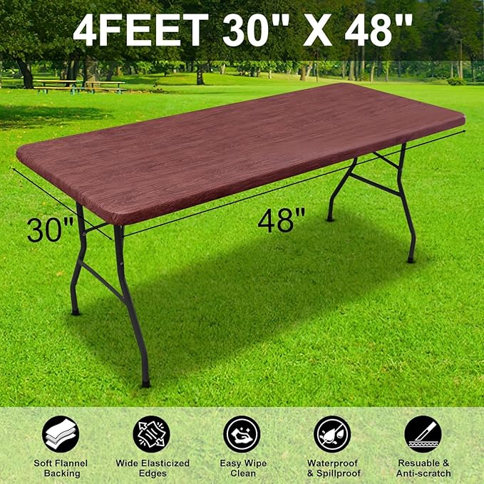 Smiry Rectangle Table Cloth Cover, Waterproof Elastic Fitted Picnic Tablecloth for 4 Foot Tables, Wipeable Flannel Backed Vinyl Tablecloths for Camping, Dining, Outdoor (Reddish Brown, 30" x 48")