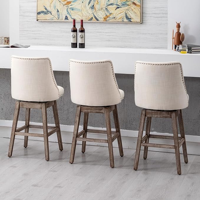 27.5" Counter Height Bar Stools Set of 3, Linen Fabric Mid Century Modern Swivel Barstools with Back & Wood Legs Comfy Upholstered Counter Chairs for Home Bar/Dining Room/Restaurant, Cream