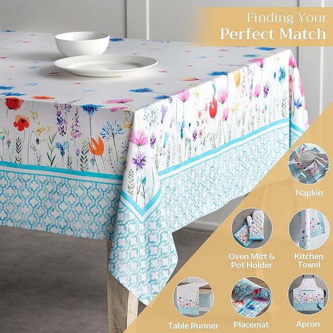 Maison d' Hermine Table Cloth Rectangle Table 100% Cotton 54 x 72 Inches Tablecloth Reusable Decorative for Dining Room Farmhouse Home Valentines Day Decorations Spring Summer - Flower in The Field