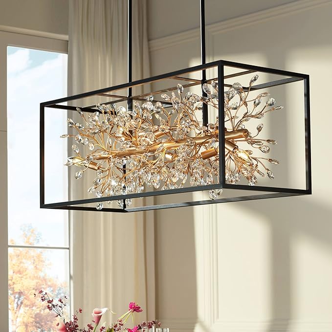 Possini Euro Design Carrine Black Painted Gold Linear Pendant Chandelier 38 1/2" Wide Modern Clear Crystal 8-Light Fixture Dining Room House Foyer Entryway Bedroom Kitchen Island Hallway Ceilings