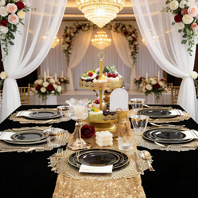 GATHER 350PCS Black Plastic Plates - Black and Gold Disposable Dinnerware Set Include 100 Plates, 150 Gold Silverware, 50 Napkins, 50 Cups for Party & Wedding & Birthday