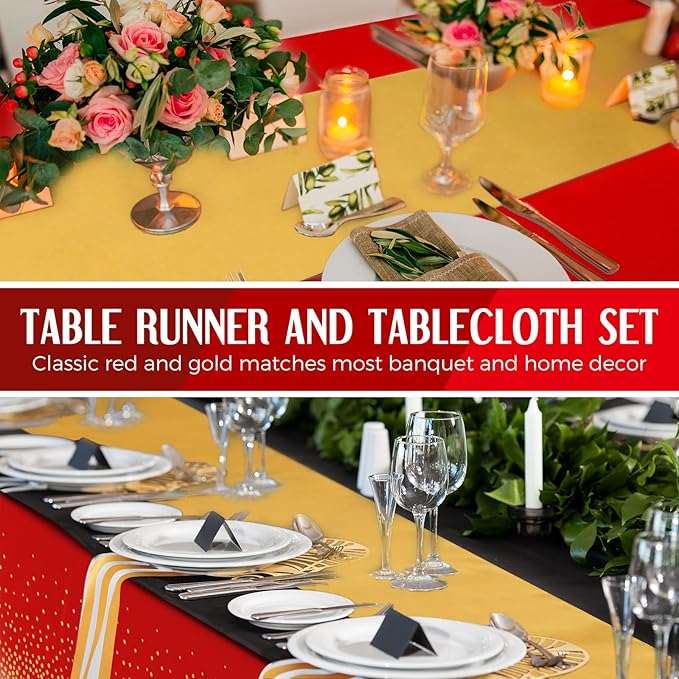 Breling 24 Pack Red and Gold Disposable Plastic Tablecloths and Satin Table Runner Set, 54 x 108 Inch Tablecloth, 12 x 108 Inch Table Runners for Wedding Graduation Birthday Baby Shower New Year