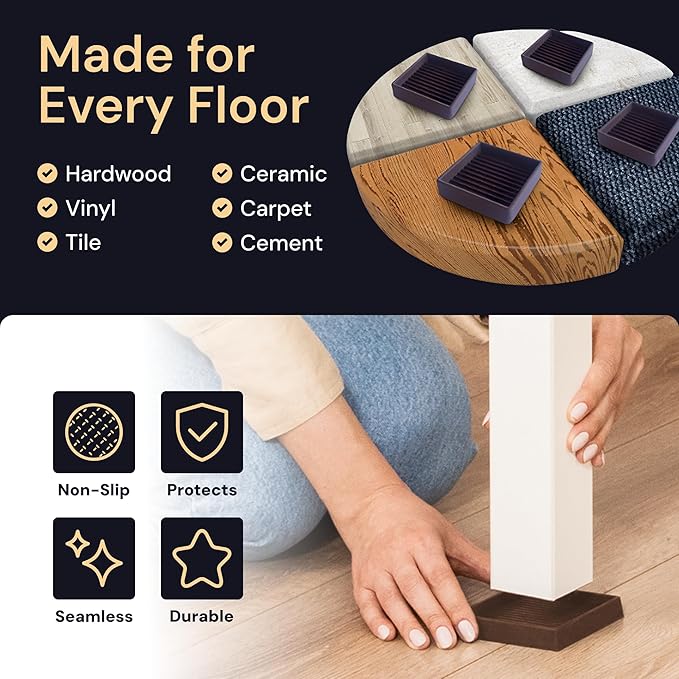CasterMaster Non-Slip Rubber Furniture Pads - 3 in x 3 in Set of 4 Brown - Floor Protectors for Hardwood Floors & Chairs - Grippers & Rubber Feet for Furniture