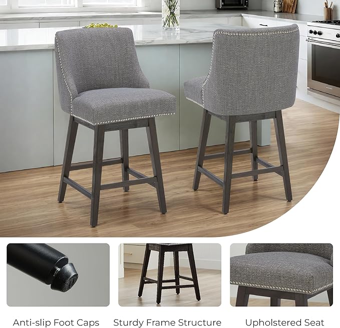 CHITA Counter Height Swivel Bar Stools Set of 3, FSC Certified Upholstered Counter Stools, Modern Swivel Barstools with Wood Legs for Kitchen Island, 26" Seat Height, Fabric in Fog
