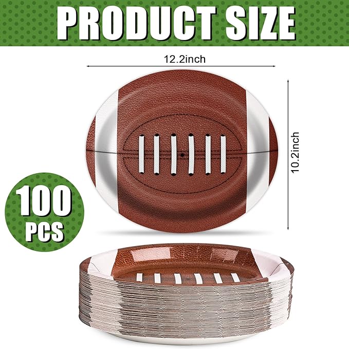 100Pcs Football Oval Paper Plates,10" x 12" Large Football Party Supplies, Disposable American Sport Platters,Rugby Bowls,Nacho Trays for Sports Event, Gameday, Carnivals, Birthday, Party Decor