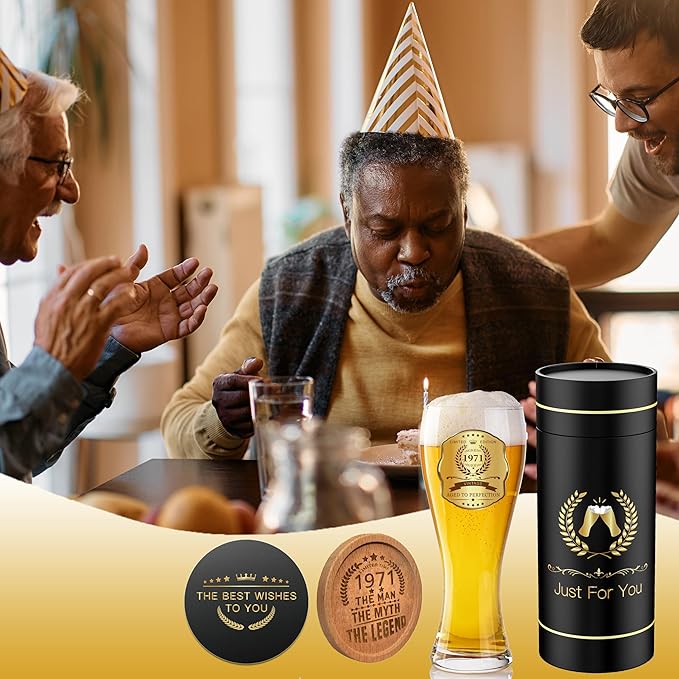 55th Birthday Beer Glasses Gifts, Personalized '1971' Vintage Glass Ware Set for Men, Black Gift Package with Drinking Glass, Coaster, and Card for 55 Years Old Man