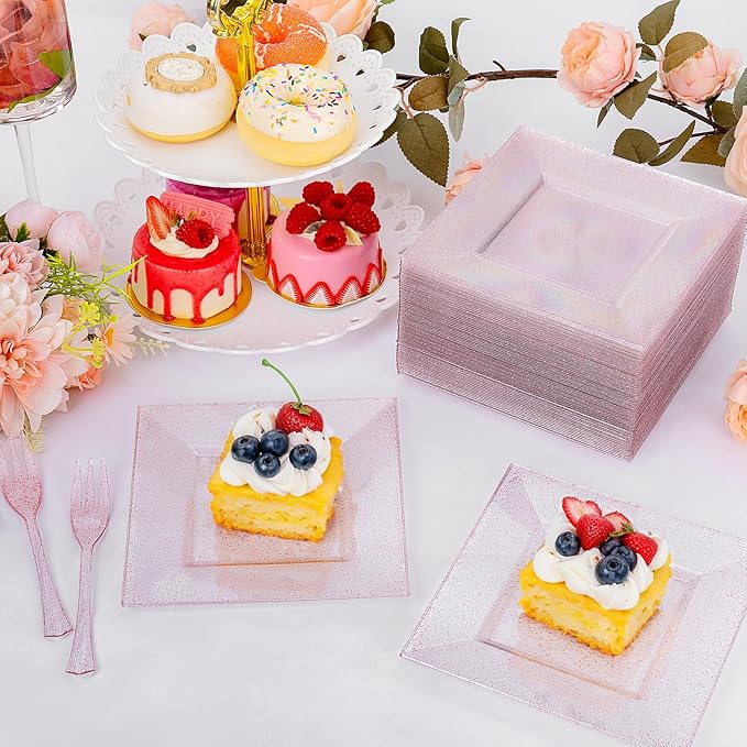 DaYammi 200 Pcs Pink Dessert Plates Including 100Pcs Appetizer plates 6'',100Pcs Plastic Forks 5.7'',Rose Glitter Plastic Square Plate for Wedding,Pink Cake plates and forks for Valentine's Day Party