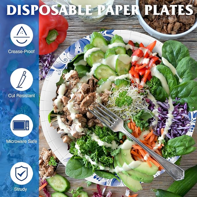 Charmount 10 Inch Large Blue Paper Plates, 100pcs Disposable Plates Bulk, for Parties and Daily Use, Soak Proof, Cut Proof, Flower Printed