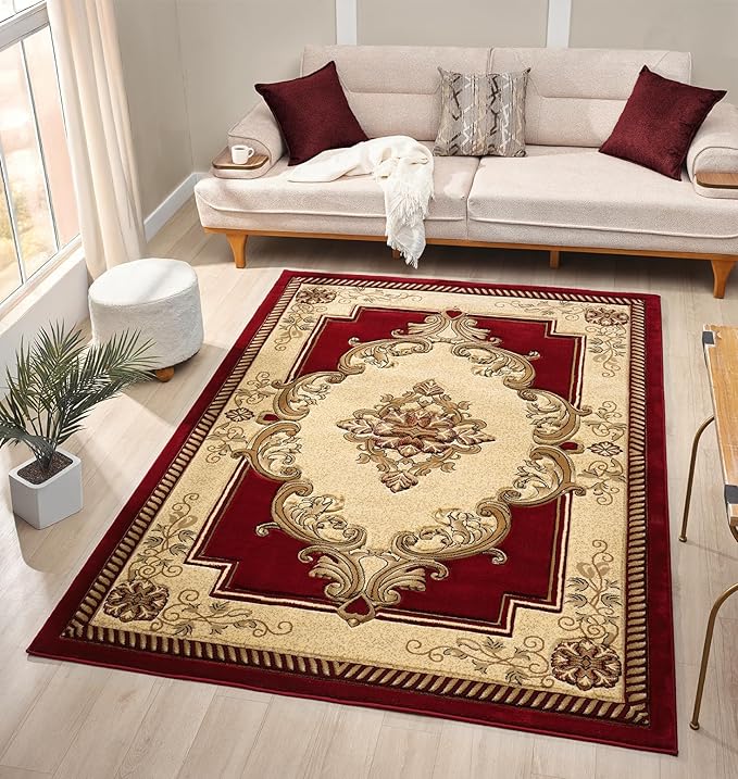 Modern 2x7 Traditional Burgundy Living Room Rug - Area Rugs for Living Room, Dining & Bedroom - Hand Carved Runner Carpet - Durable Polyester - Non-Fade, Stain-Resistant - Turkish Made