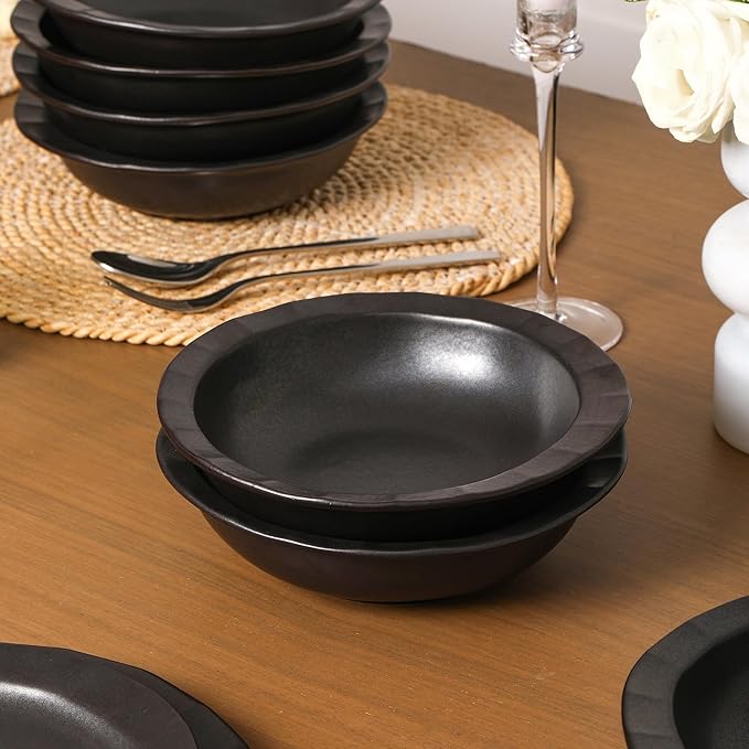 Stone Lain Oasis Stoneware 24 Piece Dinnerware Set, Home Kitchen Dish Set with Dinner Plates, Salad Plates & Bowls - Service for 8, Black