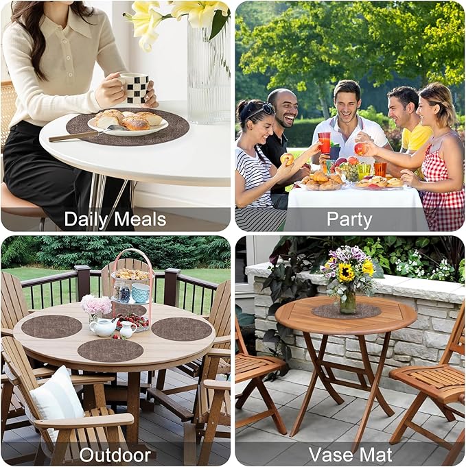 Homaxy Round Faux Leather Placemats and Coasters, Washable Dual-Side Table Mats, Wipeable Heat-Resistant Dining Place Mats for Outdoor and Indoor, Set of 6, Diameter 13 and 3.93 inch, Dark Brown
