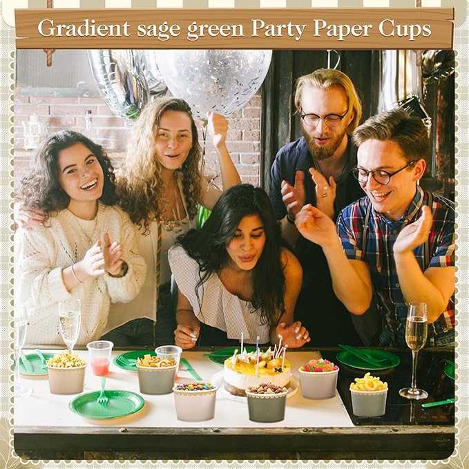 Zopeal 48 Pcs Sage Green Disposable Ice Cream Bowls 9oz Green Gradient Color Paper Snack Cups with Gold Scallop for Parties, Weddings, Baby Showers, Desserts, Yogurt, and Salads