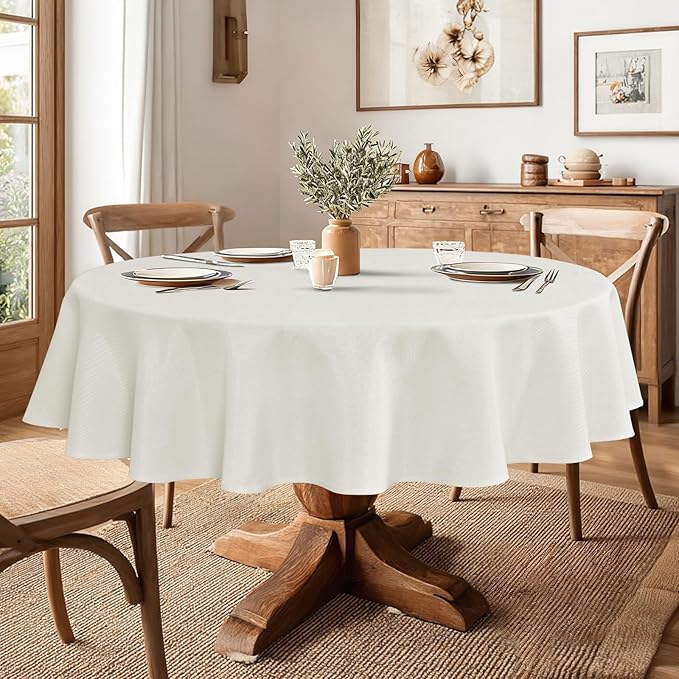 JIUZHEN Round Table Cloth Faux Linen Farmhouse Tablecloth Wrinkle and Stain Resistant Decorative Fabric Table Cover for Kitchen, Dining Room, Parties and Camping, White, 108 Inch Round