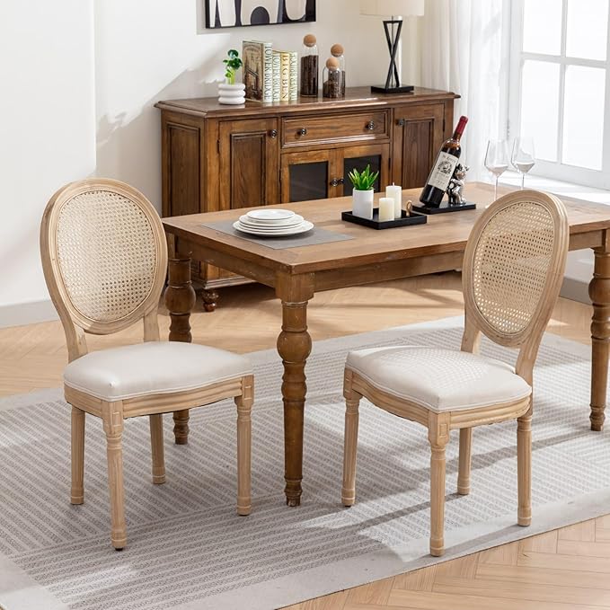 Ball & Cast French Vintage Upholstered Dining Chairs Set of 2, Antique Painting Wooden Kitchen Side-Chairs with Rattan Back & Carved Solid Wood Frame, 2-Piece Curved Backrest Louis Chair, Beige